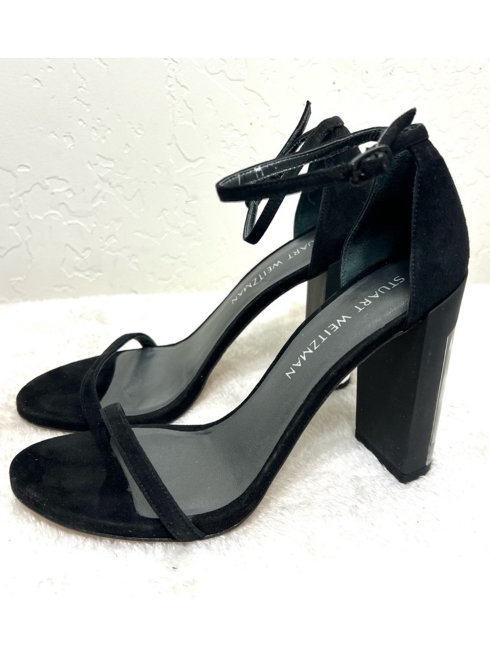 Stuart Weitzman Nearlynude black suede sandals heels plastic heel ankle strap 7